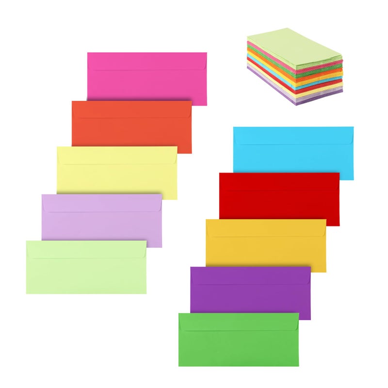 Granhoolm 100 Pack Colorful Envelopes #10 Envelopes Letter Size #10 Business Envelopes Envelope Self Seal for Business Office Checks Letter Mailing Invoices Invitation(4.13 x 9.49 in) - Image 1